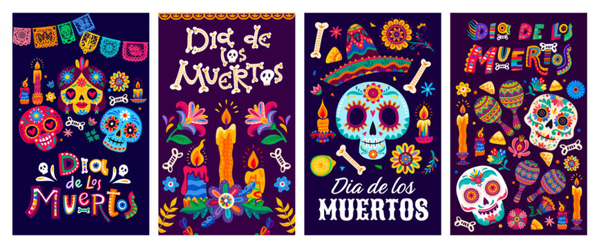 Mexican Day of the Dead Dia de Los Muertos holiday posters and banners. Vector set with decorated sugar skulls, candles, flowers, bones, maracas, sombrero and festive lettering on purple backgrounds