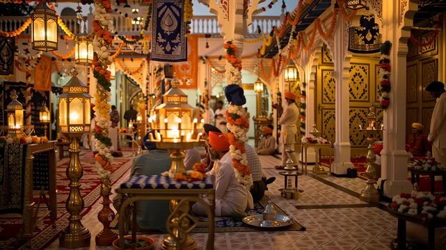 Devotees Gather for Religious Observance in Ornate Temple Courtyard