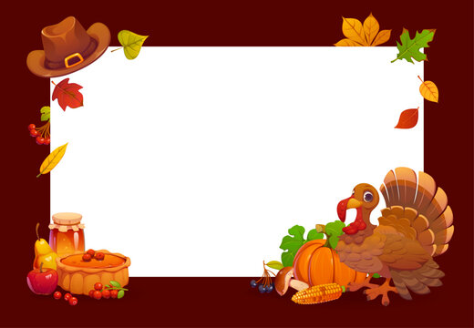 Happy Thanksgiving day banner with autumn leaves, pilgrim hat, roasted turkey, pumpkin and pie. Festive banner with apple, pear, honey jar and mushrooms for Thanksgiving invitation template