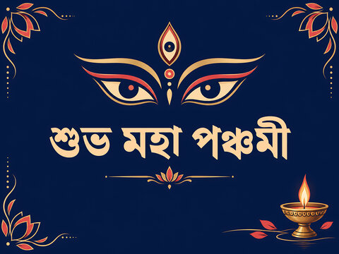 Golden goddess eyes with bengali maha panchami lettering and decorative diya on navy blue background for durga puja and navratri festive greetings