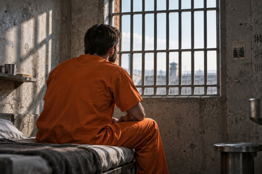 Prisoner Sitting Alone in Prison Cell Looking Through Bars