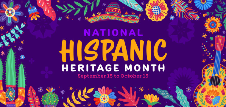 National Hispanic heritage month holiday banner with sombrero hat, cacti and flowers. Vector Mexican background, Mexico Spain, Latino festival, Spanish event holiday celebration card with mariachi cap