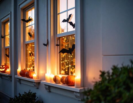 Halloween Window Decorations with Pumpkins and Candles at Night