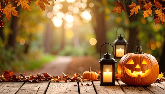 Halloween Jack-o'-lantern with Candles and Autumn Leaves on a Wooden Table in a Forest