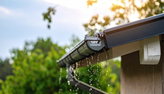 Rainwater Overflowing From A Clogged Residential House Gutter During A Storm