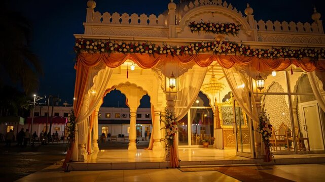 Illuminated Exterior of a Decorated Sacred Religious Shrine at Night