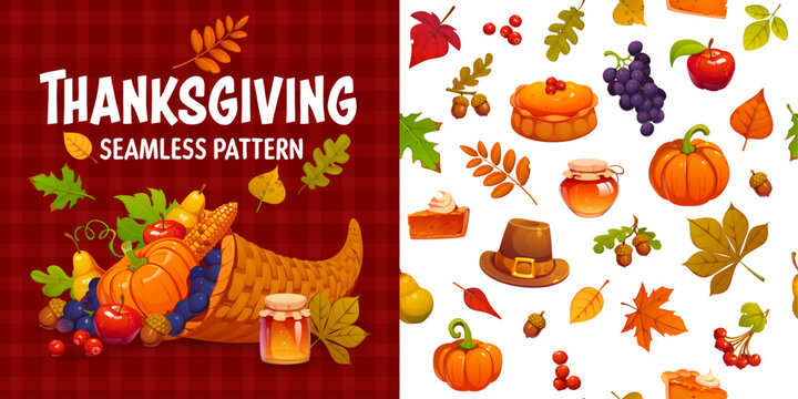 Happy Thanksgiving holiday seamless pattern background with pumpkins, cornucopia, pie, honey jar and autumn foliage. Cartoon seamless pattern for fabric, wrapping paper, greeting cards and stationery