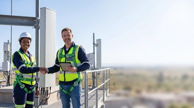 Two construction workers in safety hardhats shaking hands on tower. Industrial riggers in protective vests celebrating project milestone. Structural steel construction. Banner, copy space.