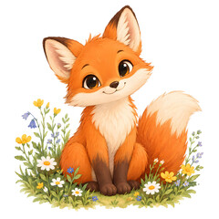 Fototapeta premium Cute fox sitting among colorful wildflowers in whimsical cartoon style evoking warmth and friendliness