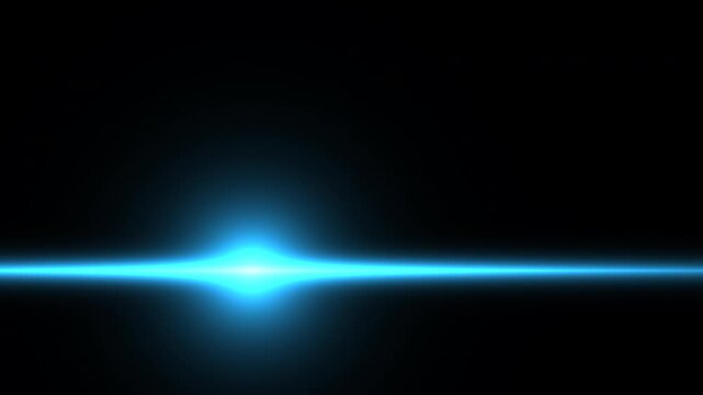 Horizontal blue lens flare glowing against a pitch black background, creating cinematic light streaks, ideal for transitions, VFX and sci-fi visuals.