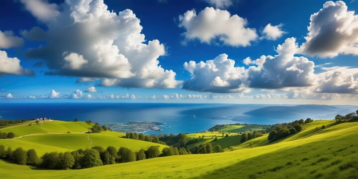 Rolling hills with a vast ocean view and puffy white clouds against a bright blue sky