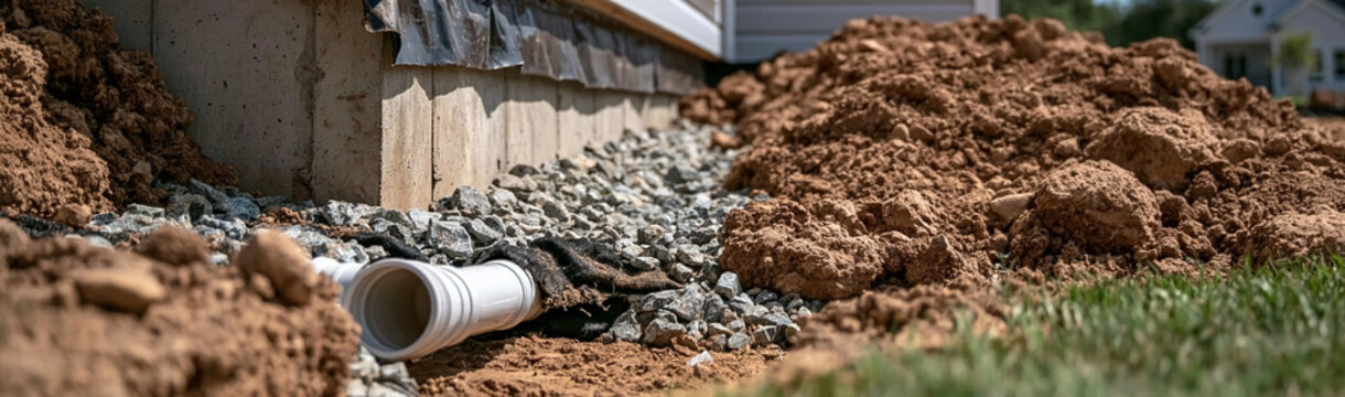 Foundation Drainage System Installation: A white PVC pipe is visible, laid in a trench alongside a building foundation and covered with gravel.