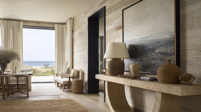 Luxury coastal modern interior with travertine console table, large artwork, table lamp, coastal decor, raffia rug, soft daylight, and sea view.