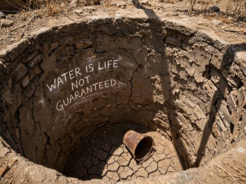 Dried-up stone well with cracked mud and an empty rusty bucket at the bottom, featuring the message Water is life not guaranteed painted on the inner wall to illustrate severe drought