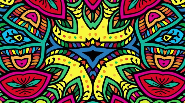 Colorful abstract kaleidoscope patterns flow with psychedelic energy, creating a video background for music festivals, social media, and content.