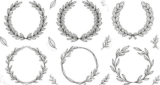 Laurel wreath vector set with olive branch oak leaves circular frames and elegant wedding decoration outline elements