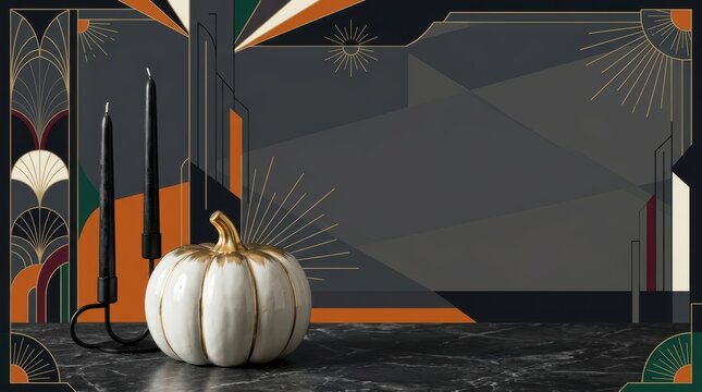 Luxury Halloween Art Deco Web Banner Featuring White Ceramic Pumpkin and Black Taper Candles with Large Copy Space
