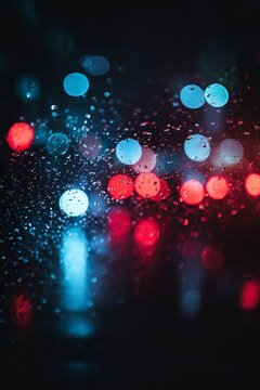 Abstract macro of red and blue bokeh orbs with rain droplets on glass, shallow depth of field, cinematic dark background, soft blurred light reflections, artistic pattern and moody atmosphere