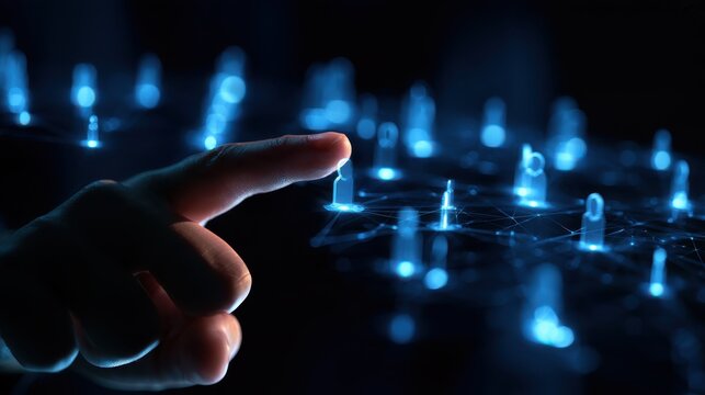 Public relations and network concept, finger touching a glowing digital web of people, futuristic holographic UI, dark and sleek stock image