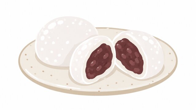 白いお皿に乗った小豆あんの和菓子、半分に割れて中身が見える大福のイラスト