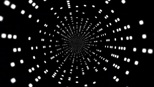 Moving through a digital tunnel of white glowing dots and rectangles on a black background, concept for technology, data transfer and abstract backgrounds.