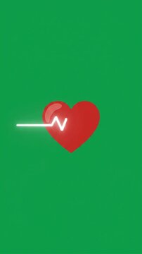Minimalist glowing heartbeat ECG line with red heart green screen motion graphic, ai generated