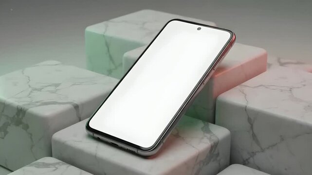 Smartphone with Blank White Screen Mockup on White Marble Cube with Smoke Podium 4K Video