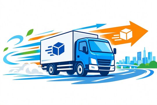 スピード感のある荷物を運ぶ配送トラックと物流・宅配のイメージ｜配送 トラック 荷物 箱 物流 運送 都市