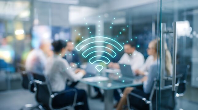 Professional team in a modern office meeting with a large glowing Wi-Fi signal icon overlay representing high-speed connectivity and digital communication in a corporate environment