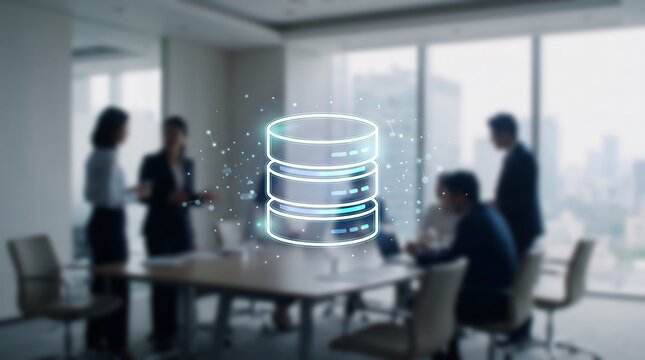 Glowing digital database icon floating in modern corporate office meeting room with blurred business professionals working on strategic data management and cloud infrastructure development