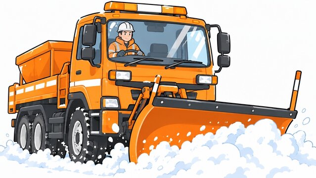 大型のオレンジ色除雪車が雪の積もった道路を除雪するイラスト