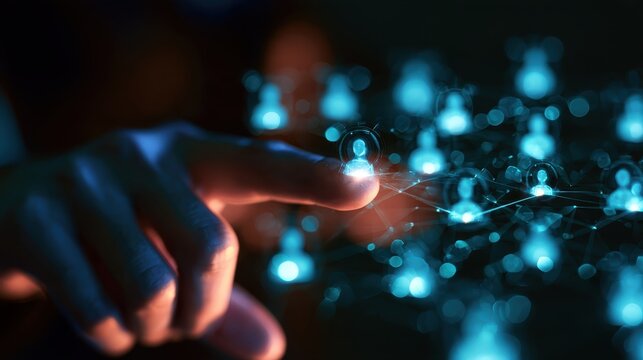 Public relations and network concept, finger touching a glowing digital web of people, futuristic holographic UI, dark and sleek stock image