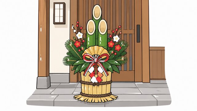 玄関先に飾られた門松としめ飾りを組み合わせた日本の伝統的な正月飾りのイラスト