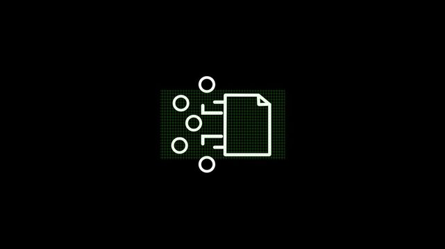 Animated line icon of document with data flow dots representing digital file management processing and information analysis.Document data processing animated icon.