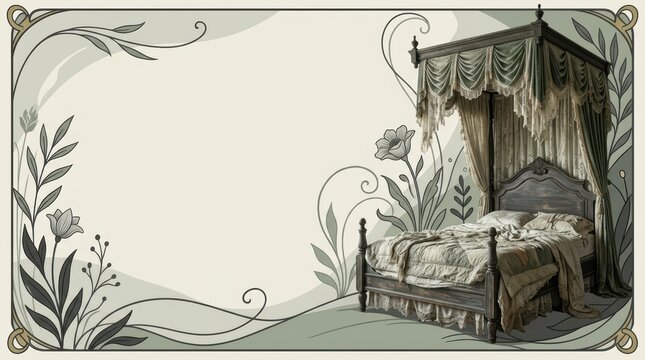 Vintage Gothic Canopy Bed with Art Nouveau Botanical Illustration and Copy Space Banner