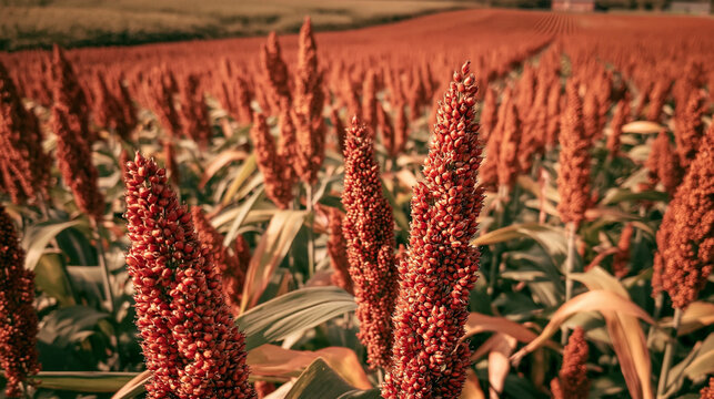 Sorghum Field at Harvest Time: A vast field of ripe red sorghum stands ready for harvest, showcasing the bounty of the agricultural season and the rich texture of the grain heads.