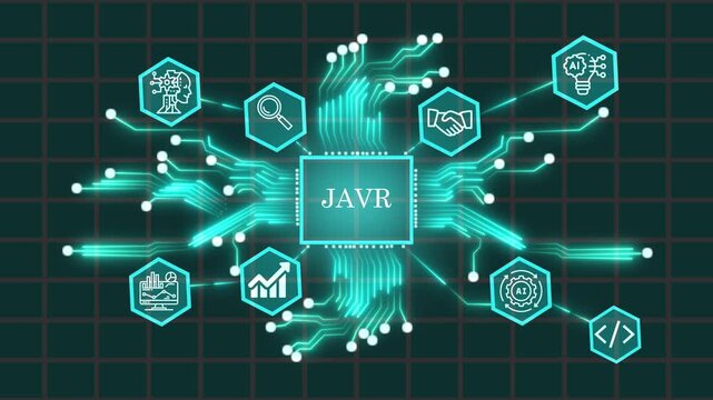 JAVR Futuristic AI Technology with Advanced Data Analytics, Machine Learning, Big Data, Neural Network, Business Intelligence, Digital Transformation. 4k video