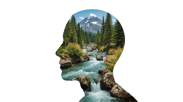 Silhouette of a human head with a scenic landscape of mountains, water, and autumn trees inside.
