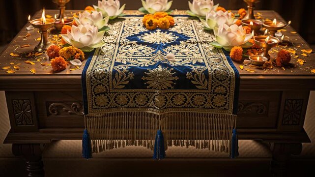 Elegant Religious Festival Table Setup with Blue Velvet Cloth and Oil Lamps