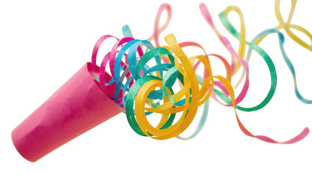 Colorful party popper with streamers bursting from a cylindrical tube on a transparent background.