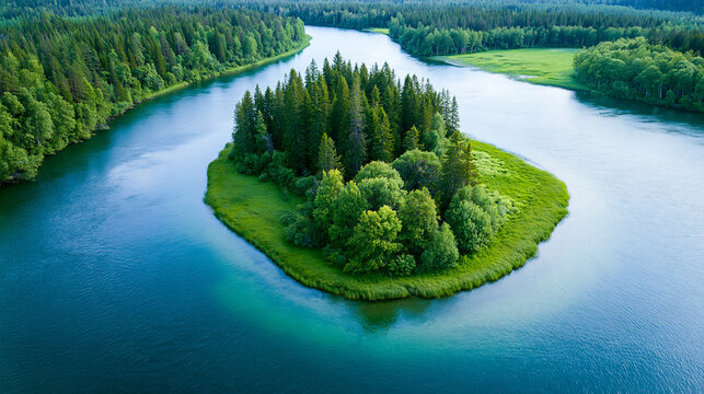A serene river curves around a lush, forested island surrounded by dense greenery and expansive woodlands under a clear sky.