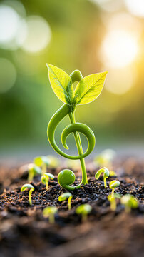 A green treble clef-shaped plant sprouting from soil, surrounded by small seedlings, glowing in soft sunlight with a blurred natural background.