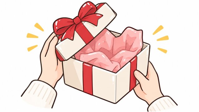 両手でリボン付きプレゼントボックスの蓋を開ける喜びと期待のイラスト
