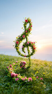 A treble clef symbol made of green vines and pink flowers stands on grass against a serene sky at sunset.