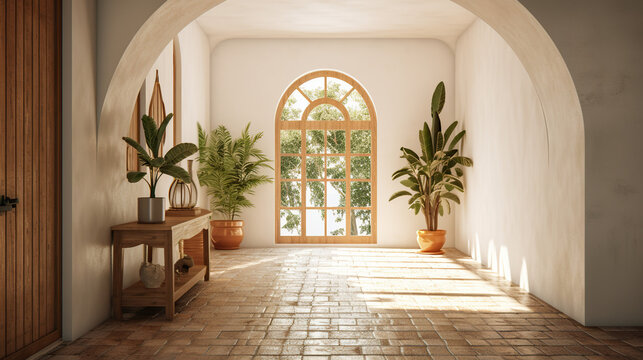 Bright hallway with arched doorway, potted plant and natural light.