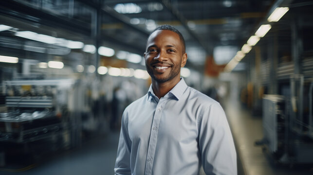 man in factory, smiling, factory background, man looking at camera with happy smile, factory industrial, business person, employee