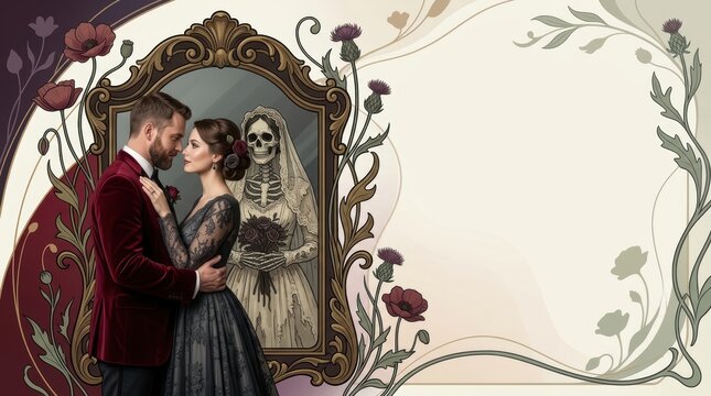 Gothic Romance Hero Banner: Photorealistic Couple Embracing with Macabre Skeleton Bride Reflection in Ornate Mirror, Art Nouveau Floral Illustration with Large Copy Space