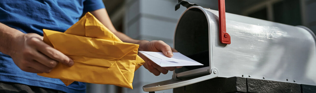 Mailing Day: A person in a blue shirt is mailing a letter into a mailbox. The envelope is yellow and in the person's hands.