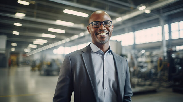 Man in a suit and glasses smiling in a factory setting. Wide shot, factory background, industrial