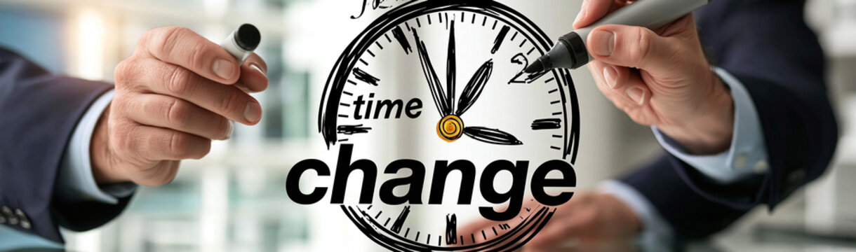 Time for Change: Two business professionals adjust the hands of a clock, symbolizing a critical shift or transformation, highlighting the importance of timely decisions.